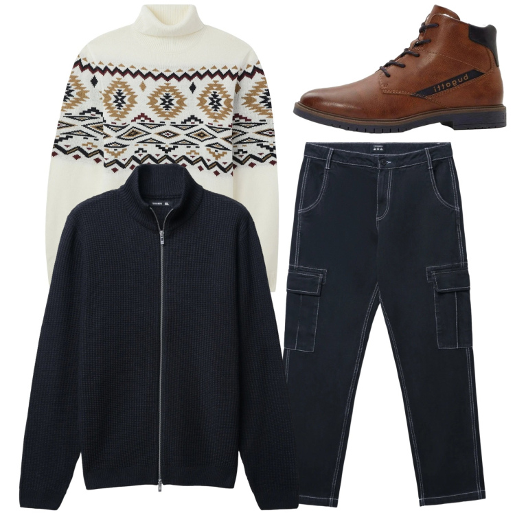 Outfit uomo - Total look. Stile Casual per Tutti i giorni. Abbinamento con anfibi, maglieria, pantaloni cargo, cardigans.