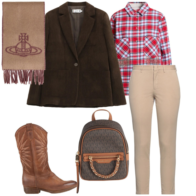 Outfit donna - Total look #2314914. Stile Mannish per Tutti i giorni. Abbinamento con zaini, camicie, stivali, pantaloni skinny, sciarpe, blazer.