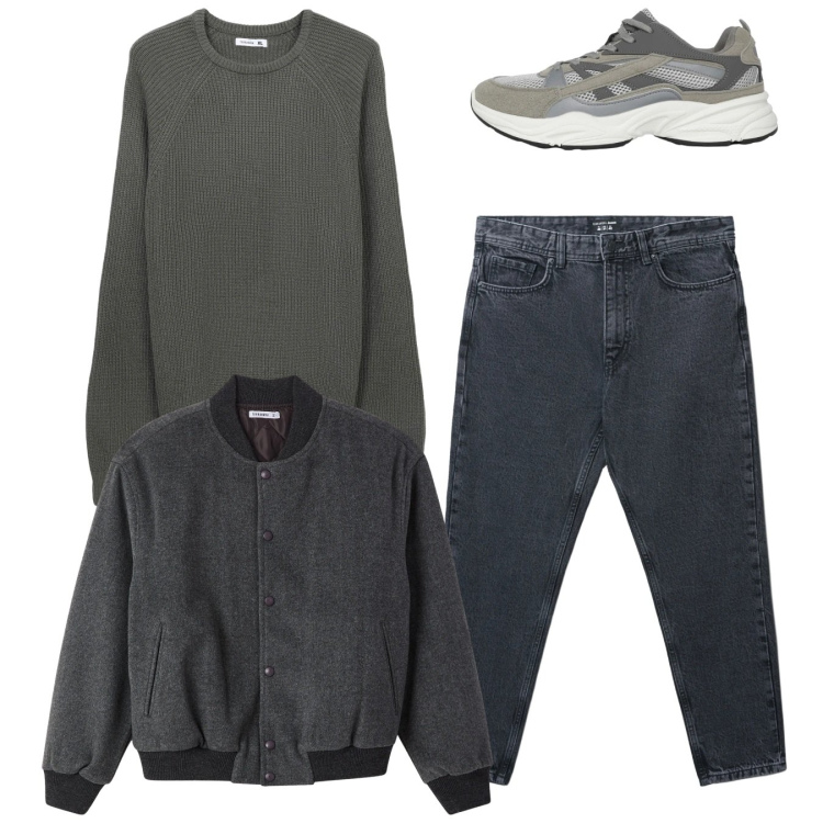 Outfit uomo - Total look. Stile Casual per Tutti i giorni. Abbinamento con sneakers, jeans strappati, maglieria, bomber.