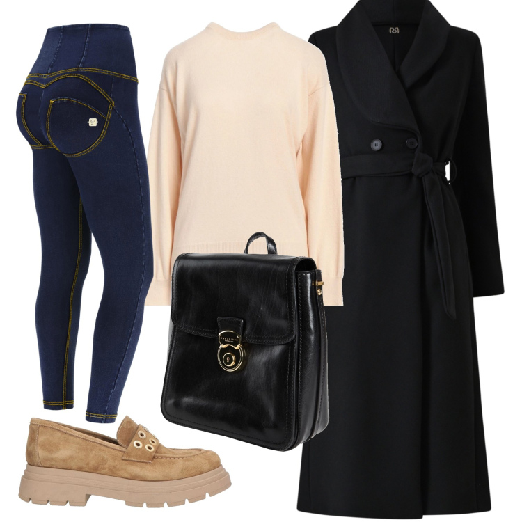 Outfit donna - Total look #2314916. Stile Casual per Ufficio. Abbinamento con zaini, mocassini, pullovers, cappotti, jeans skinny.