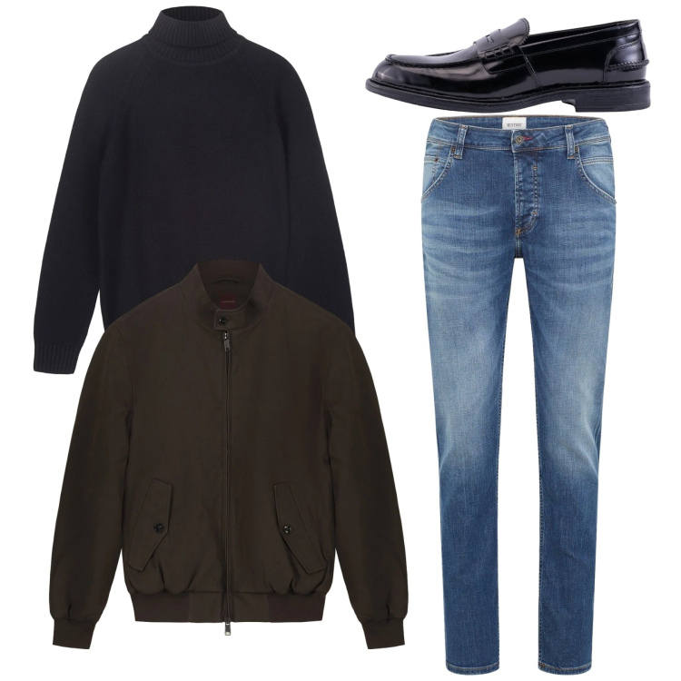 Outfit uomo - Total look. Stile Casual per Tutti i giorni. Abbinamento con jeans dritti, scarpe stringate, pullovers, bomber.