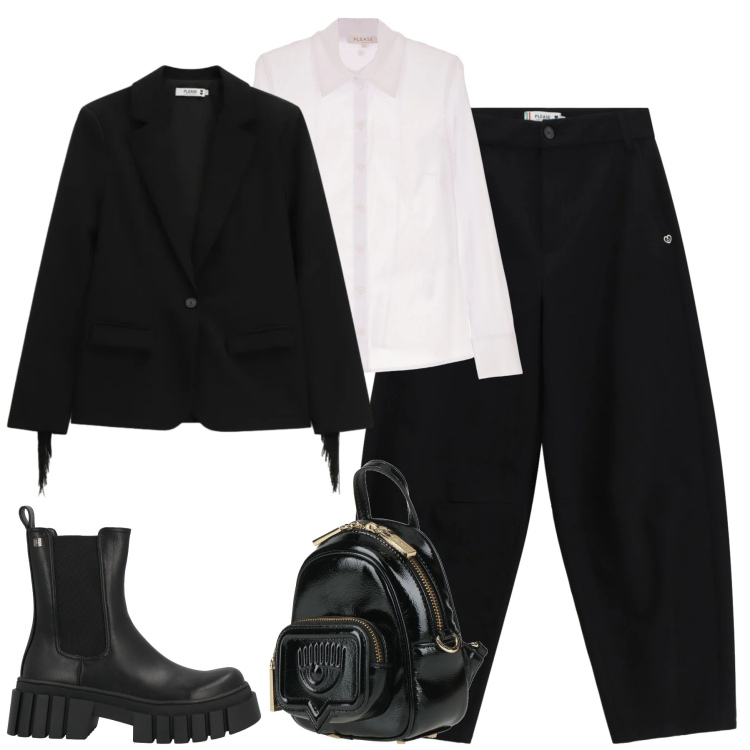 Outfit donna - Please. Stile Urban per Tutti i giorni. Abbinamento con stivaletti, zaini, pantaloni a palazzo, camicie, blazer.
