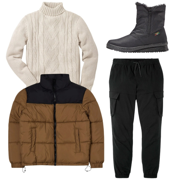 Outfit uomo - Total look. Stile Casual per Tutti i giorni. Abbinamento con pantaloni cargo, maglieria, stivali e stivaletti, bomber.