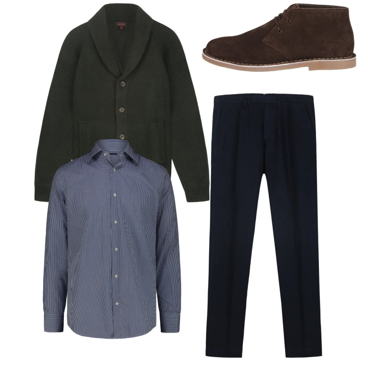 Outfit uomo - Total look. Stile Casual per Tutti i giorni. Abbinamento con pantaloni, stivali e stivaletti, camicie, cardigans.