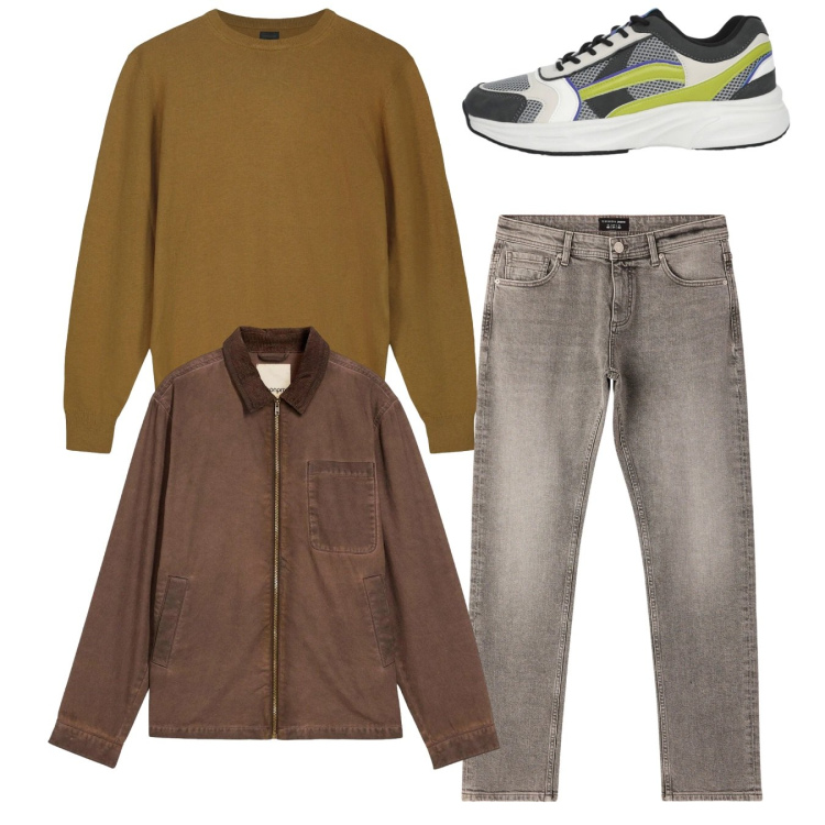 Outfit uomo - Total look. Stile Casual per Tutti i giorni. Abbinamento con giacche, jeans, sneakers, maglieria.