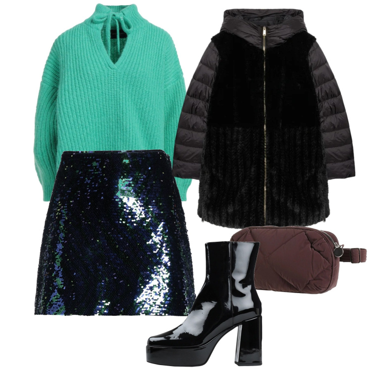 Outfit donna - Gennaio sberluccicante. Stile Chic per Serata fuori. Abbinamento con maglieria, marsupi, minigonne, stivaletti, piumini.