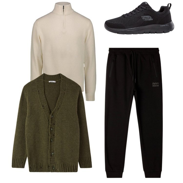 Outfit uomo - Total look. Stile Casual per Tutti i giorni. Abbinamento con sneakers, pantaloni, cardigans, maglieria.