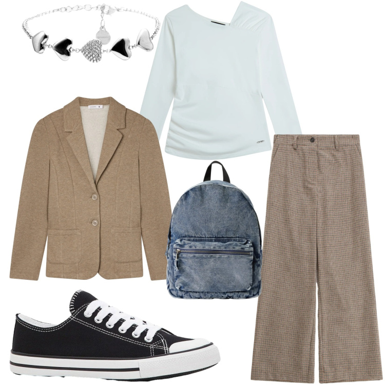 Outfit donna - Total look #2314937. Stile Casual chic per Tutti i giorni. Abbinamento con sneakers, blazer, zaini, pantaloni a palazzo, maglieria, braccialetti.