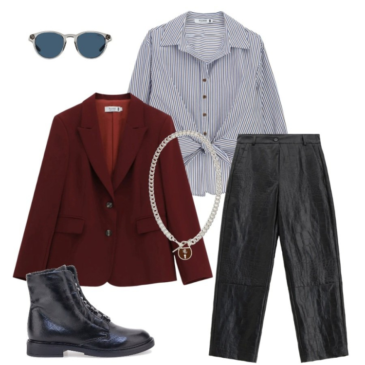 Outfit donna - Urban Sand Sophistication. Stile Urban per Tutti i giorni. Abbinamento con blazer, pantaloni, camicie, occhiali da sole, ciondoli, stivaletti.