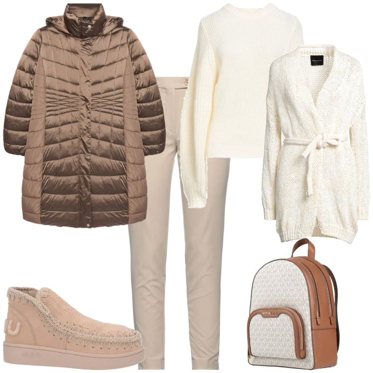 Outfit donna - Sporty chic bianco beige. Stile Sporty chic per Tutti i giorni. Abbinamento con stivaletti, pantaloni, zaini, cardigans, pullovers, piumini.