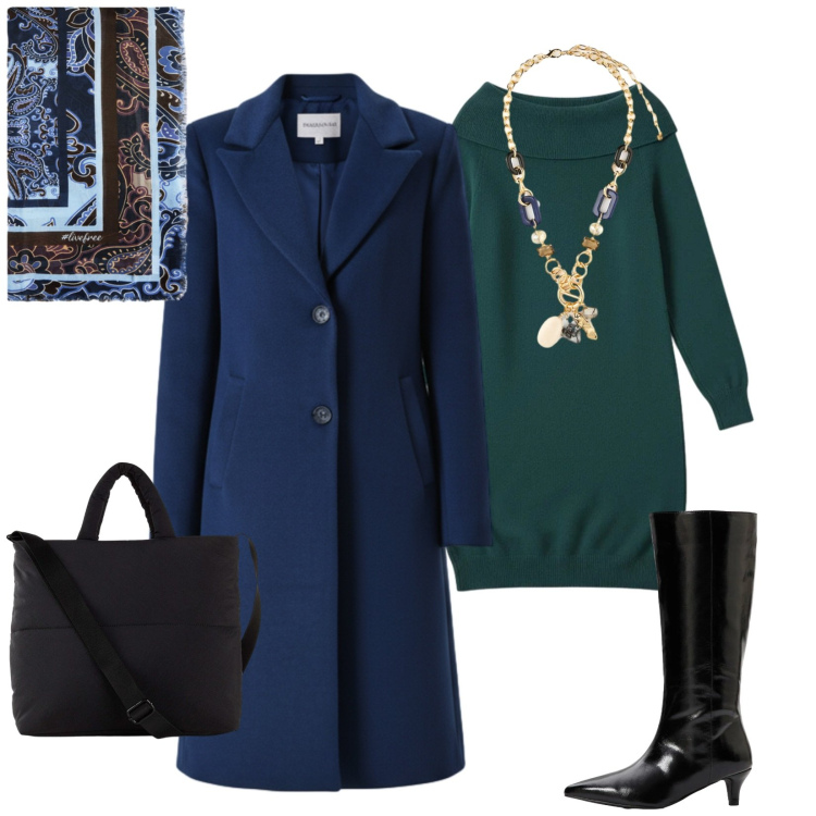Outfit donna - Total look #2314946. Stile Chic per Serata fuori. Abbinamento con shopping bag, stivali, cappotti, vestiti corti, collane, foulard.