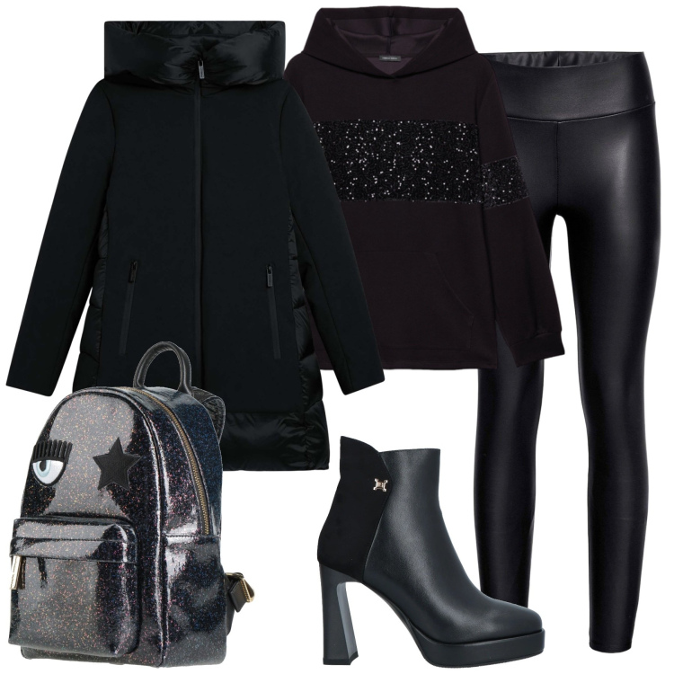 Outfit donna - Nero luminoso. Stile Sporty chic per Tutti i giorni. Abbinamento con leggings, stivaletti, zaini, eskimo, felpe con cappuccio.