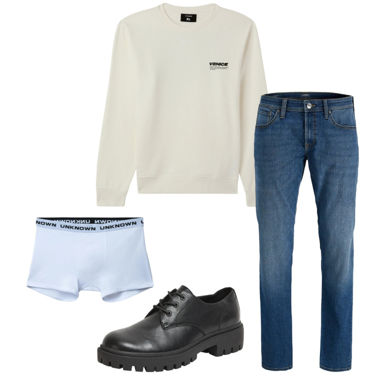 Outfit uomo - Total look #2314950. Stile Casual per Tutti i giorni. Abbinamento con jeans, scarpe stringate, felpe, boxer.