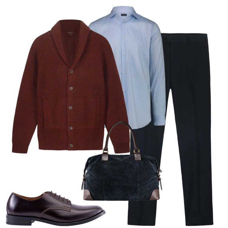 Outfit uomo - City. Stile Urban per Tutti i giorni. Abbinamento con scarpe stringate, borse sportive, pantaloni, camicie, cardigans.