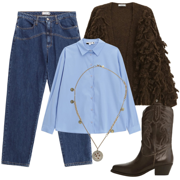 Outfit donna - Total look #2314958. Stile Glamour per Serata fuori. Abbinamento con cardigans, jeans, camicie, ciondoli, stivali.