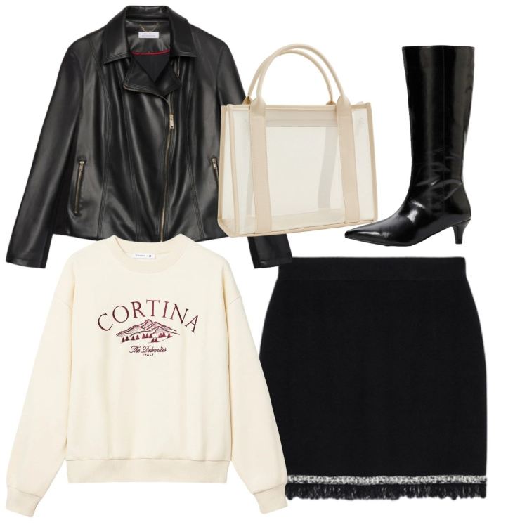 Outfit donna - Total look. Stile Chic per Tutti i giorni. Abbinamento con stivali, borse tote, felpe, giacche, minigonne.
