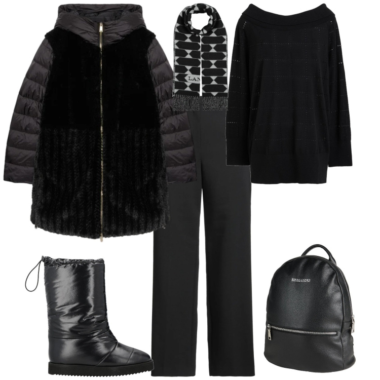 Outfit donna - Sporty chic per il freddo. Stile Sporty chic per Tutti i giorni. Abbinamento con stivali da neve, pullovers, zaini, pantaloni, sciarpe, piumini.