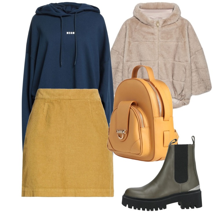 Outfit donna - Gennaio. Stile Bon Ton per Ufficio. Abbinamento con stivaletti, minigonne, zaini, felpe con cappuccio, ecopellicce.