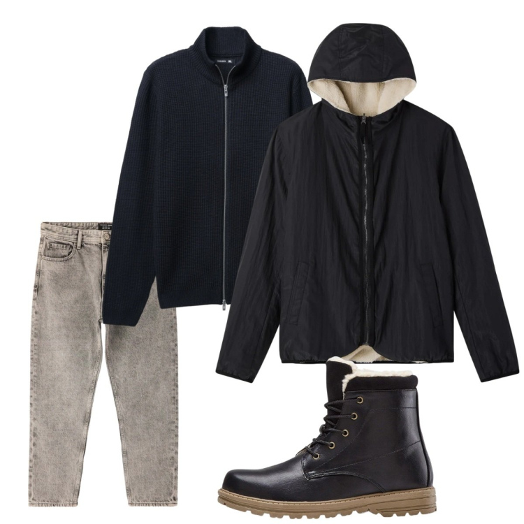 Outfit uomo - Gennaio. Stile Casual per Tutti i giorni. Abbinamento con stivali e stivaletti, jeans dritti, cardigans, giacche.