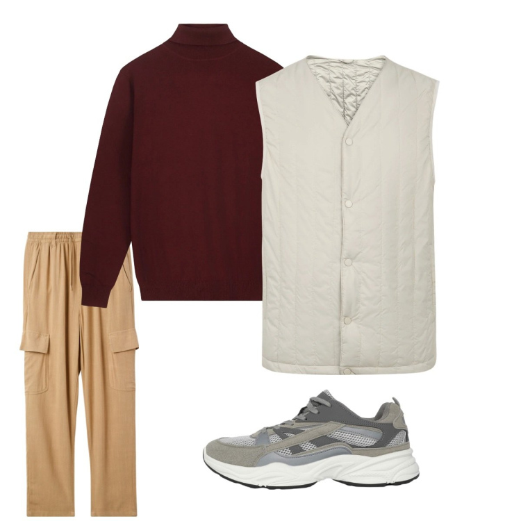 Outfit uomo - Gennaio. Stile Casual per Tutti i giorni. Abbinamento con pantaloni cargo, sneakers, piumini, maglieria.