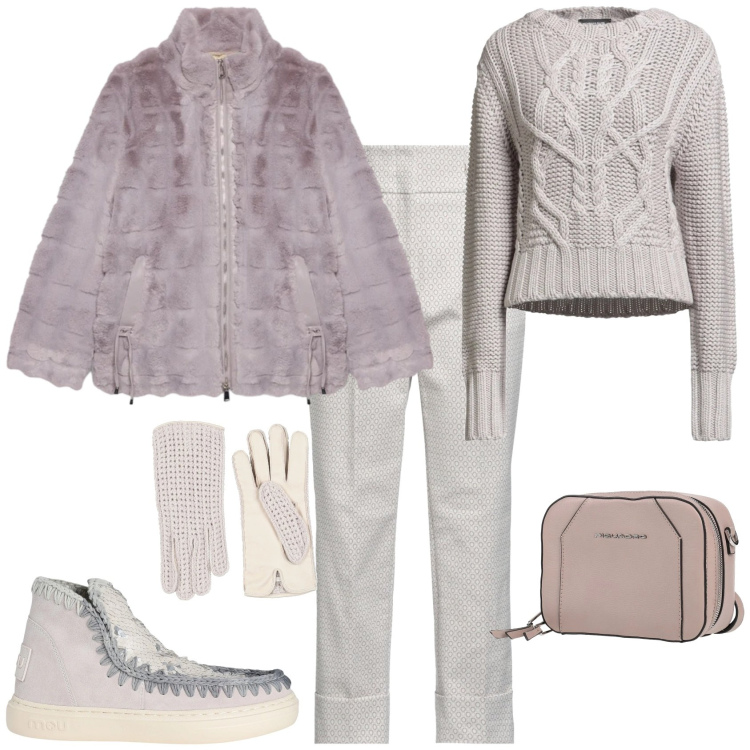 Outfit donna - Sporty chic per il freddo. Stile Sporty chic per Tutti i giorni. Abbinamento con stivaletti, pullovers, pantaloni, marsupi, guanti, ecopellicce.