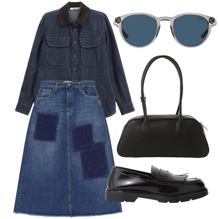 Outfit donna - Total look #2314976. Stile Casual per Tutti i giorni. Abbinamento con gonne lunghe, camicie, occhiali da sole, borse a mano, mocassini.