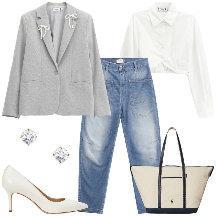 Outfit donna - Casual please. Stile Casual per Tutti i giorni. Abbinamento con jeans, blazer, camicie, orecchini, décolleté, borse tote.