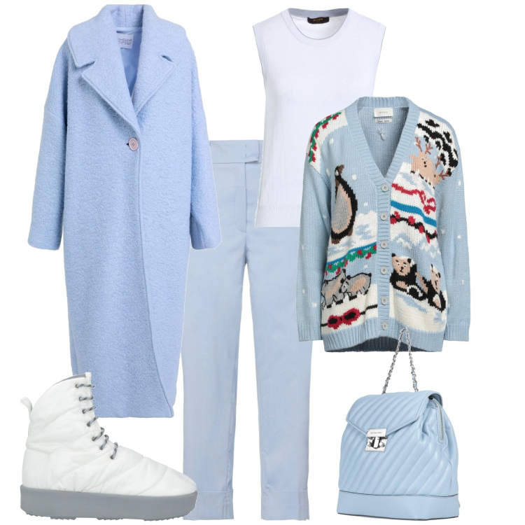 Outfit donna - In azzurro con la neve. Stile Casual chic per Tutti i giorni. Abbinamento con cappotti, cardigans, zaini, pantaloni, stivaletti, pullovers.