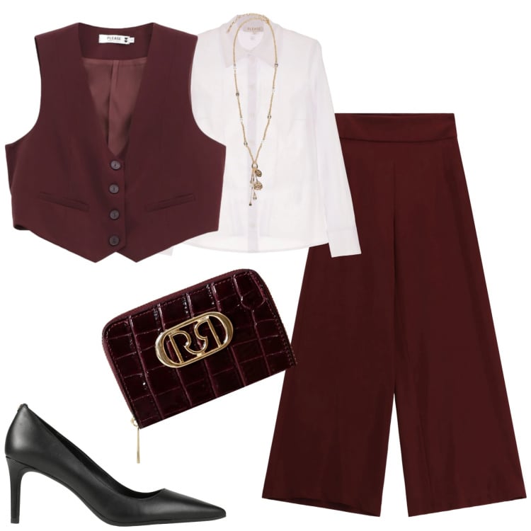 Outfit donna - City. Stile Trendy per Tutti i giorni. Abbinamento con décolleté, pantaloni a palazzo, gilet, camicie, portafogli, ciondoli.