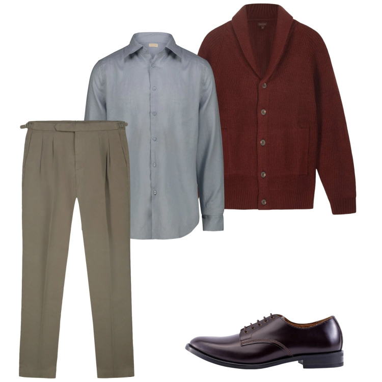 Outfit uomo - Gennaio. Stile Casual per Tutti i giorni. Abbinamento con cardigans, scarpe stringate, camicie, pantaloni.