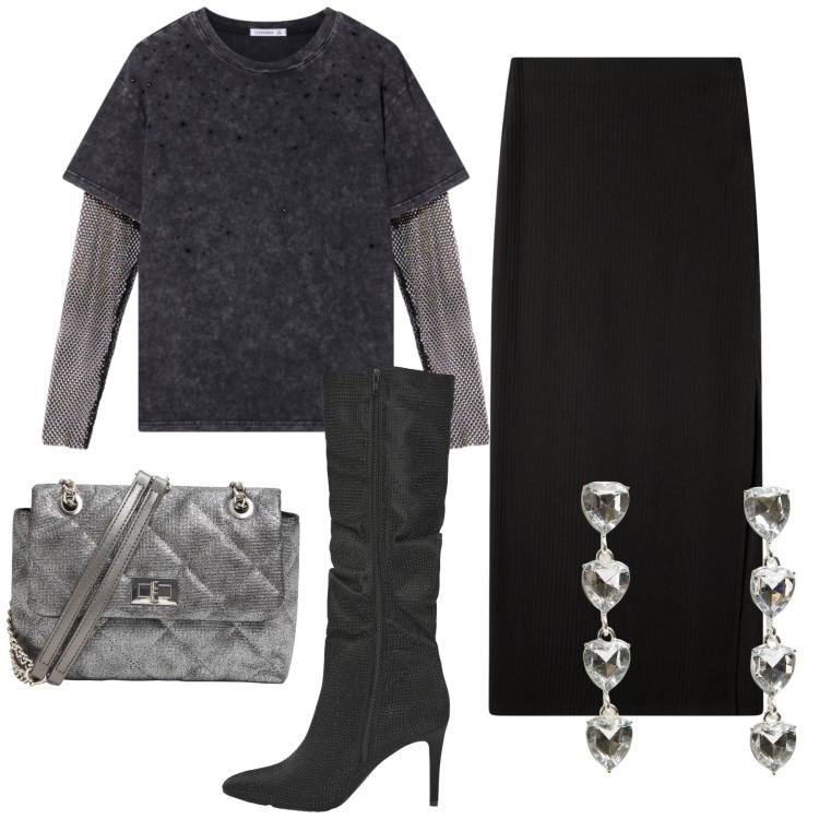 Outfit donna - Serata di vigilia scontata Terranova. Stile Chic per Serata fuori. Abbinamento con orecchini, gonne lunghe, stivali, borse a tracolla, t-shirt.