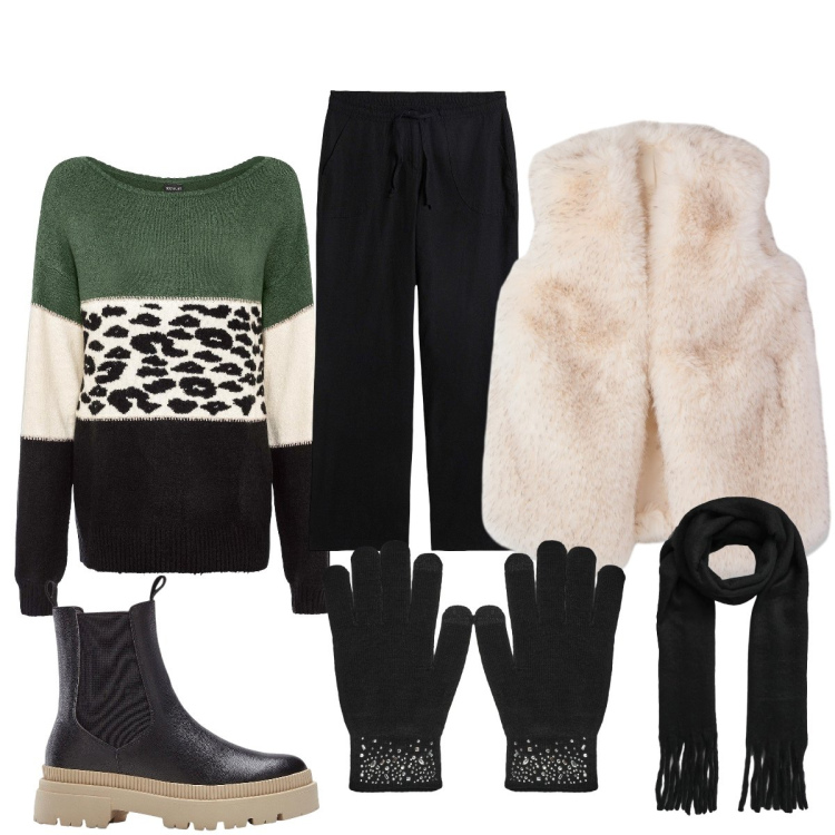 Outfit donna - Calda con il gilè di pelo ecologico. Stile Casual chic per Tutti i giorni. Abbinamento con maglieria, pantaloni a palazzo, stivaletti chelsea, piumini, sciarpe, guanti.