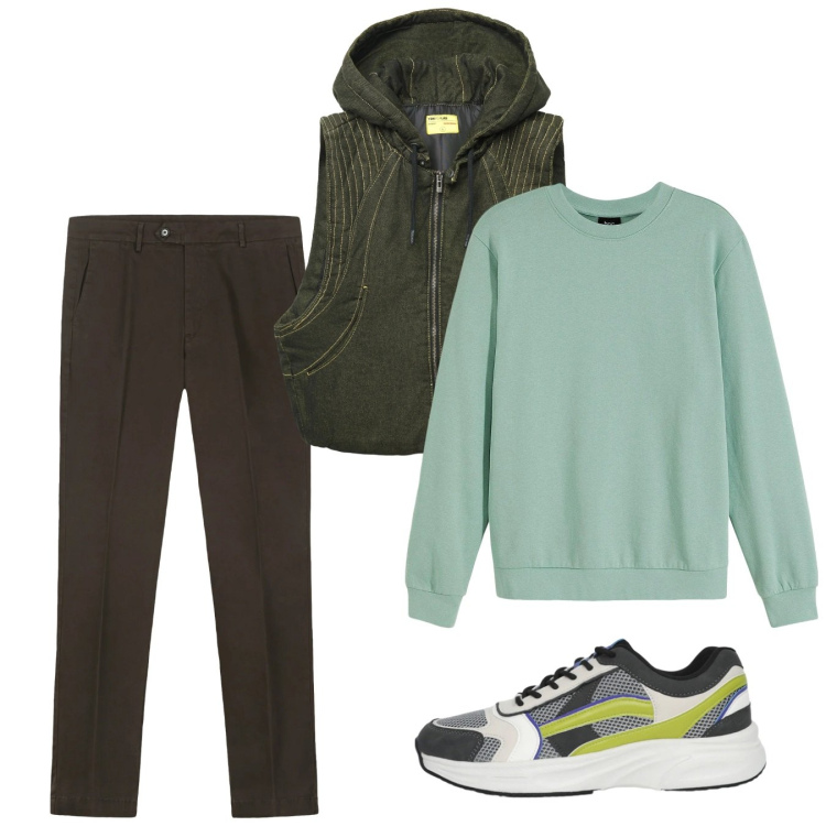 Outfit uomo - Gennaio. Stile Casual per Tutti i giorni. Abbinamento con felpe, sneakers, gilet, pantaloni chino.
