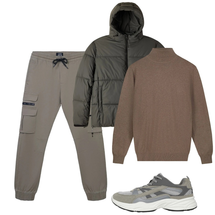 Outfit uomo - Gennaio. Stile Casual per Tutti i giorni. Abbinamento con sneakers, pantaloni cargo, bomber, maglieria.