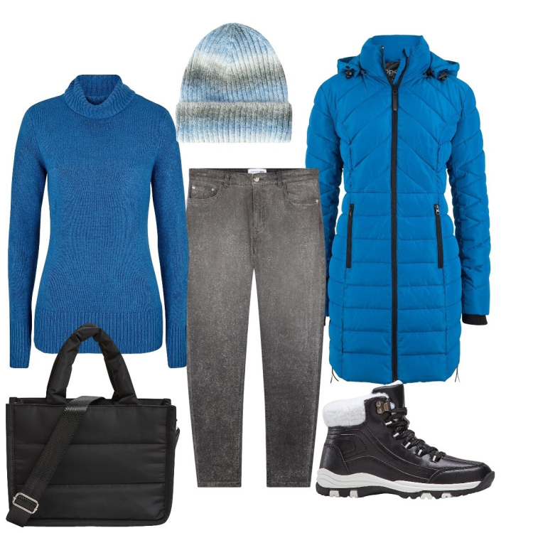 Outfit donna - Brrr che freddo!. Stile Casual chic per Tutti i giorni. Abbinamento con blazer, maglieria, stivaletti, shopping bag, jeans skinny, berretti.