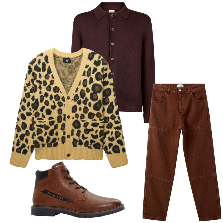 Outfit uomo - Total look #2315032. Stile Trendy per Tutti i giorni. Abbinamento con anfibi, pantaloni, cardigans, polo.