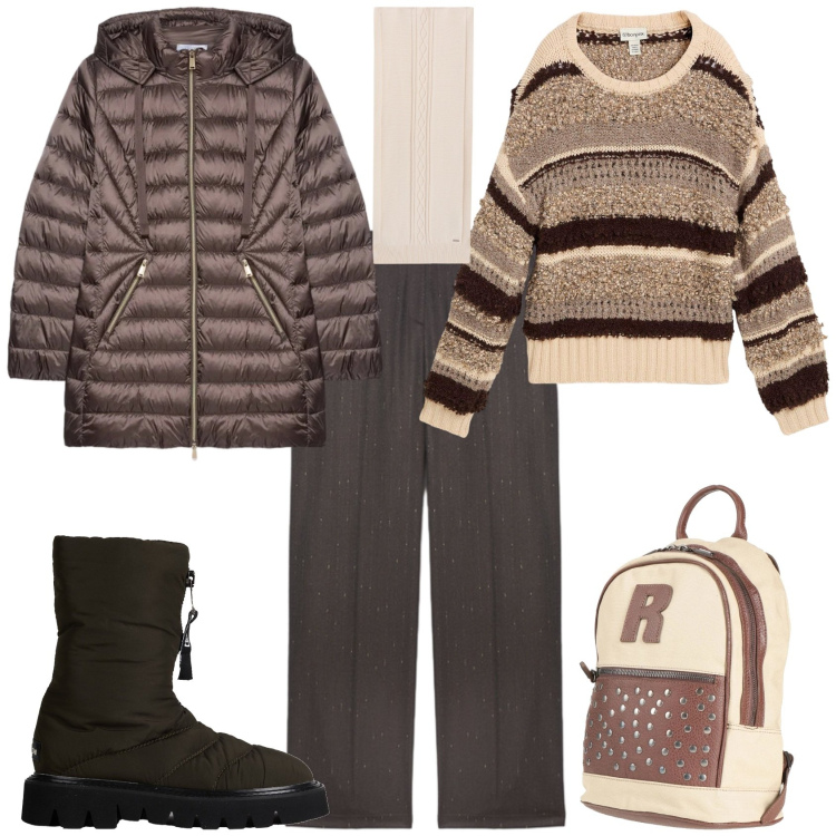 Outfit donna - Casual sulla neve. Stile Casual per Tutti i giorni. Abbinamento con maglieria, zaini, stivaletti, sciarpe, pantaloni, piumini.