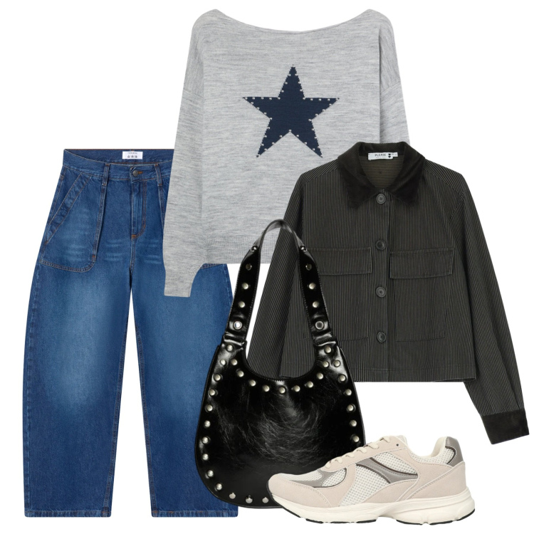 Outfit donna - Gennaio. Stile Casual per Tutti i giorni. Abbinamento con sneakers, maglieria, jeans, blazer, borse a spalla.
