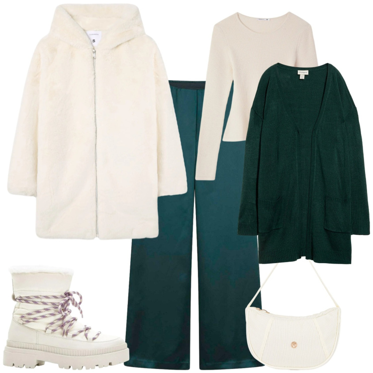 Outfit donna - Casual chic bianco e verde per ul freddo. Stile Casual chic per Tutti i giorni. Abbinamento con cardigans, stivali da neve, pantaloni a palazzo, cappotti, maglieria, borse a mano.