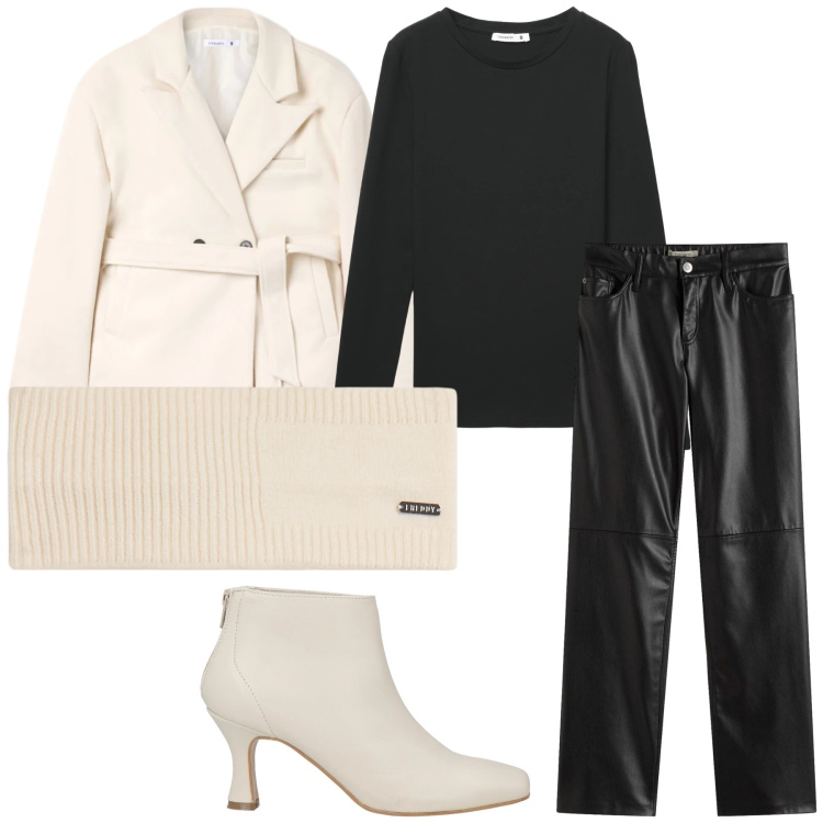 Outfit donna - Panna e nero. Stile Urban per Ufficio. Abbinamento con pantaloni, stivaletti, t-shirt, blazer, accessori per capelli.