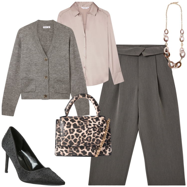 Outfit donna - Gennaio. Stile Urban per Tutti i giorni. Abbinamento con pantaloni, camicie, cardigans, borse a tracolla, décolleté, collane.