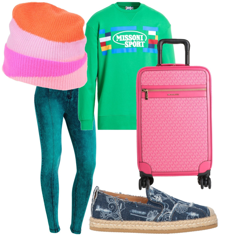 Outfit donna - Quando il viaggio è a colori. Stile Trendy per Tutti i giorni. Abbinamento con cappelli, felpe, espadrillas, valigie, jeggings.