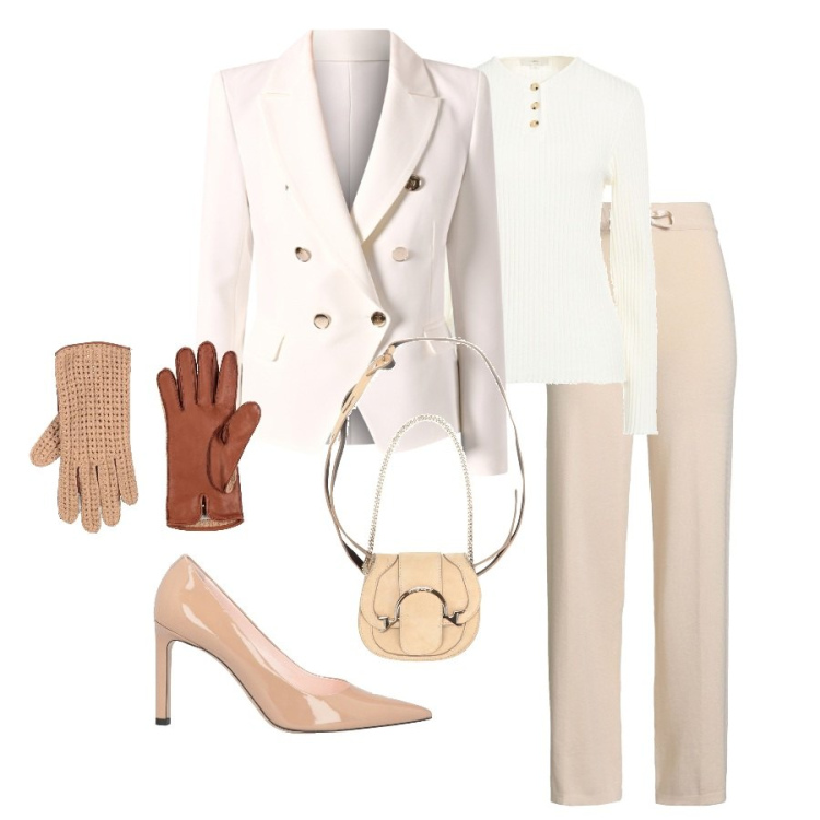 Outfit donna - Sfumature di grigio perla. Stile Minimal per Tutti i giorni. Abbinamento con pantaloni, décolleté, guanti, marsupi, t-shirt, blazer.