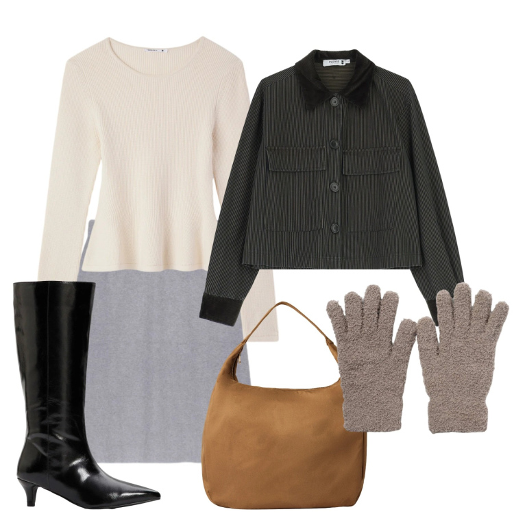 Outfit donna - Gennaio. Stile Bon Ton per Tutti i giorni. Abbinamento con stivali, borse a mano, guanti, maglieria, blazer, gonne.