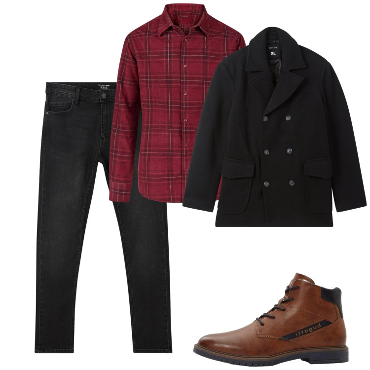 Outfit uomo - Gennaio. Stile Casual per Tutti i giorni. Abbinamento con anfibi, jeans skinny, caban, camicie.
