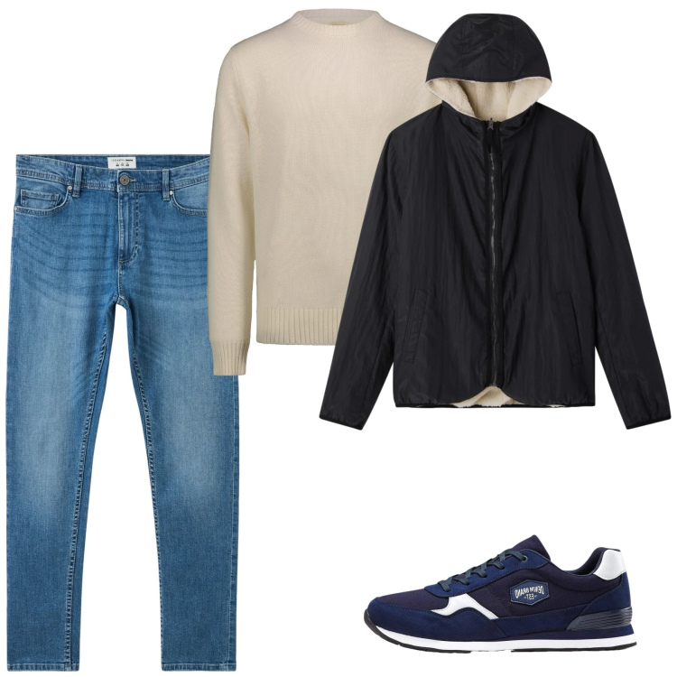 Outfit uomo - Gennaio. Stile Casual per Tutti i giorni. Abbinamento con sneakers, jeans skinny, giacche, maglieria.