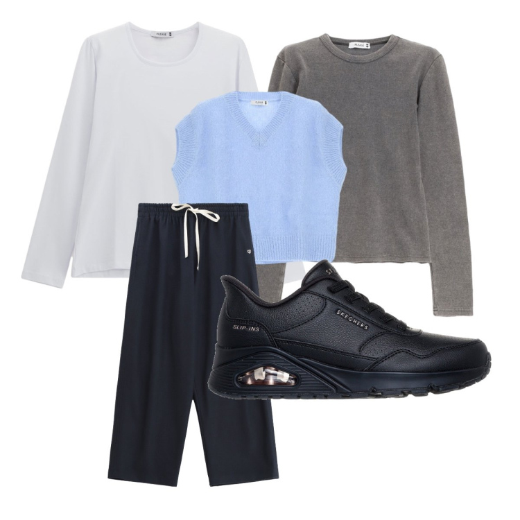 Outfit donna - Please - Saldi FW 2025. Stile Sporty chic per Tutti i giorni. Abbinamento con pantaloni sportivi, t-shirt, maglieria, maglieria, sneakers.