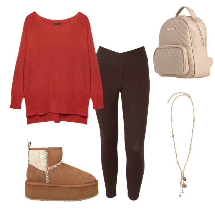 Outfit donna - Brown leggings. Stile Casual per Tutti i giorni. Abbinamento con stivaletti, zaini, leggings, pullovers, ciondoli.