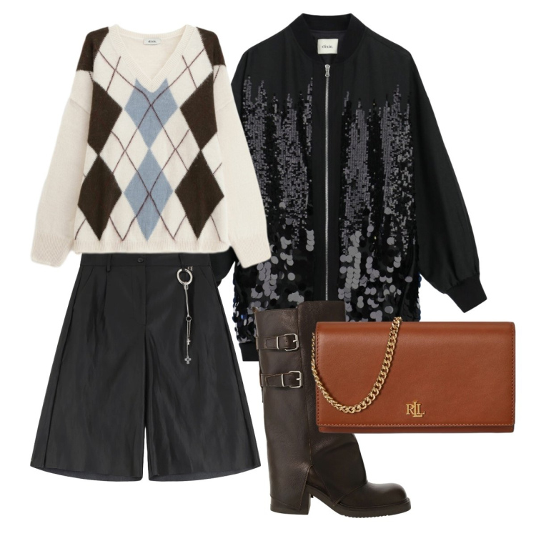 Outfit donna - Dixie - Saldi FW 2025. Stile Glamour per Serata fuori. Abbinamento con borse a tracolla, bomber, maglieria, stivali, bermuda.