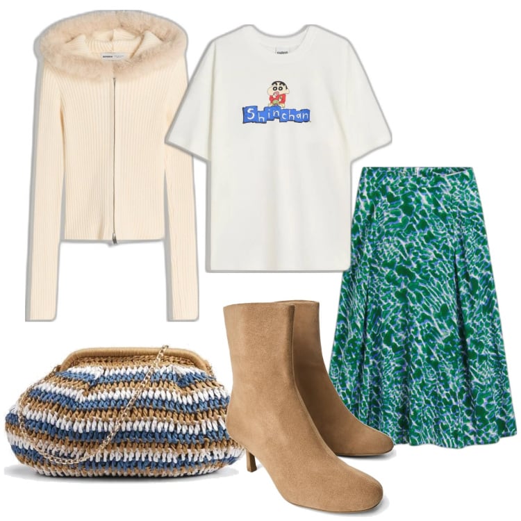 Outfit mujer - Romántica #28. Estilo Romántica para Todos los días. Combinación con cárdigans, bolsos de mano, botines, faldas, camiseta.